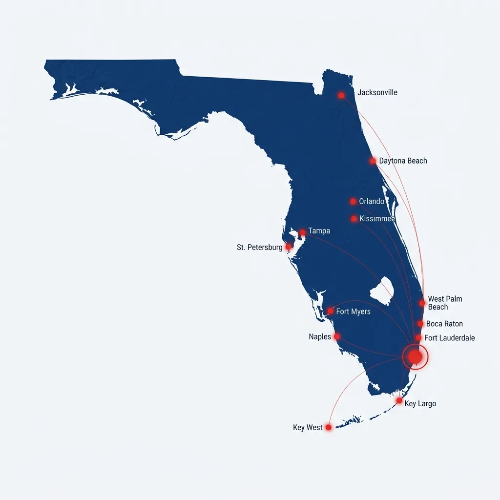 Map of Florida with JM Express Logistics coverage radius from Miami to Jacksonville