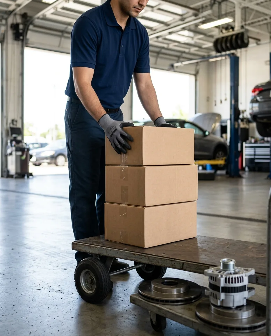 Plain auto-parts boxes being loaded into a delivery van at a dealership service bay.