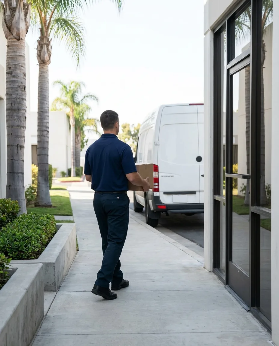 A delivery van on a recurring multi-stop business route at a light-industrial park.