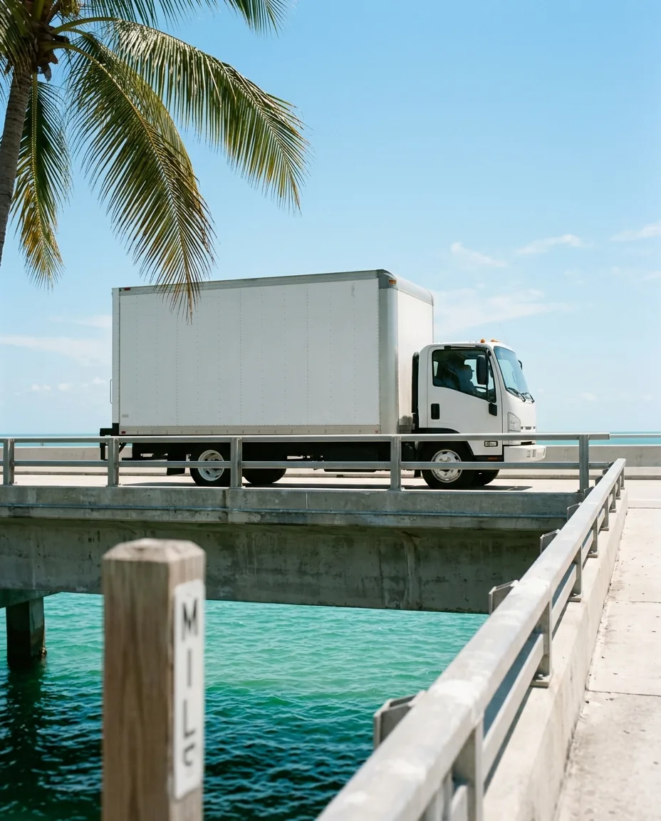 A plain white box truck crossing the Seven Mile Bridge in the Florida Keys.