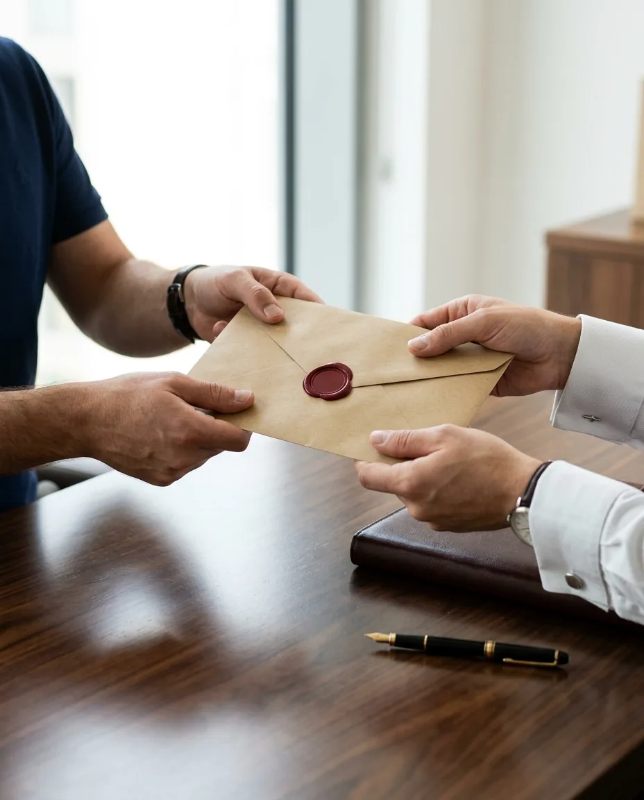 A sealed kraft-paper document envelope being delivered at a courthouse portico.