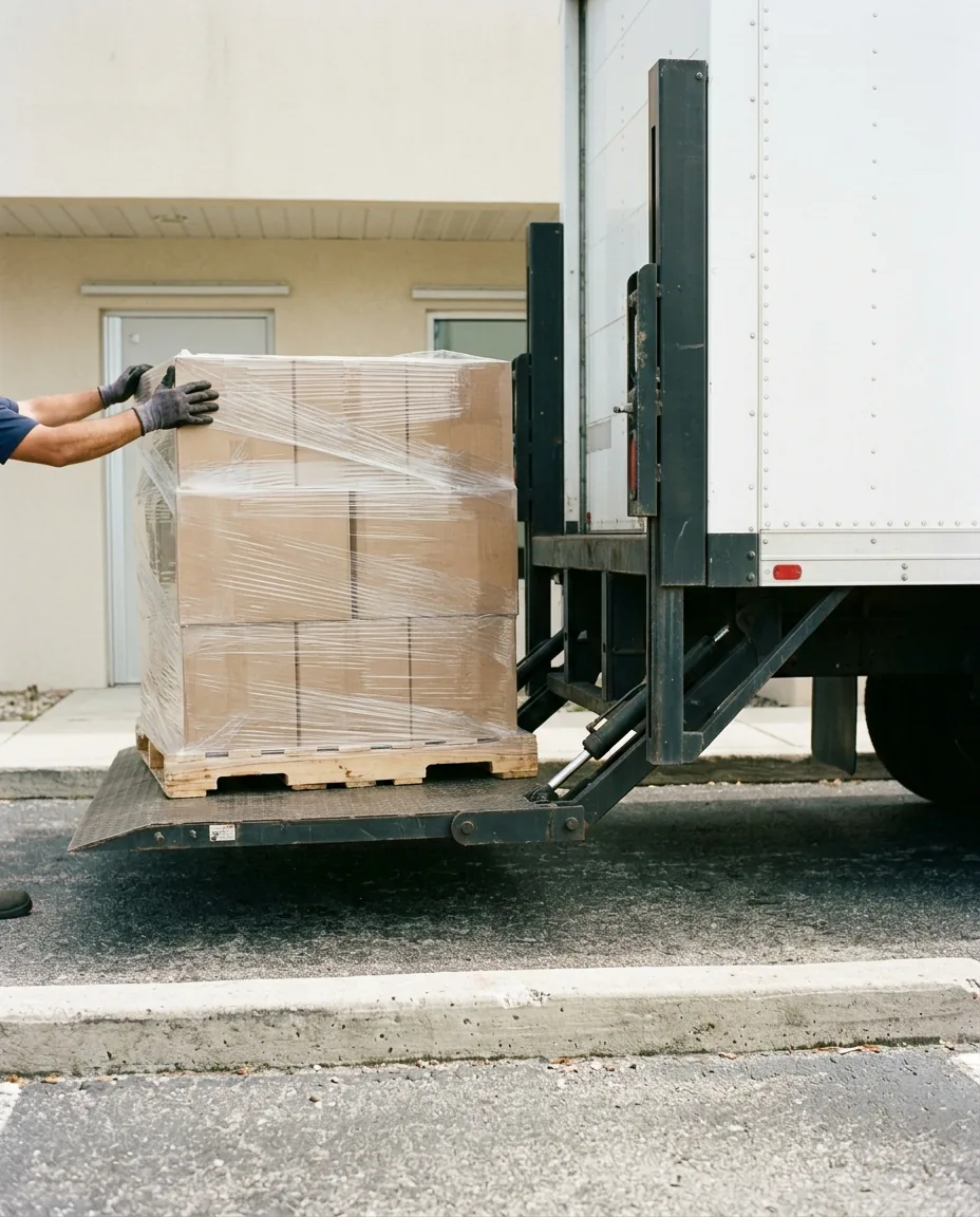 A hydraulic liftgate descending with a wrapped pallet at a small commercial storefront.