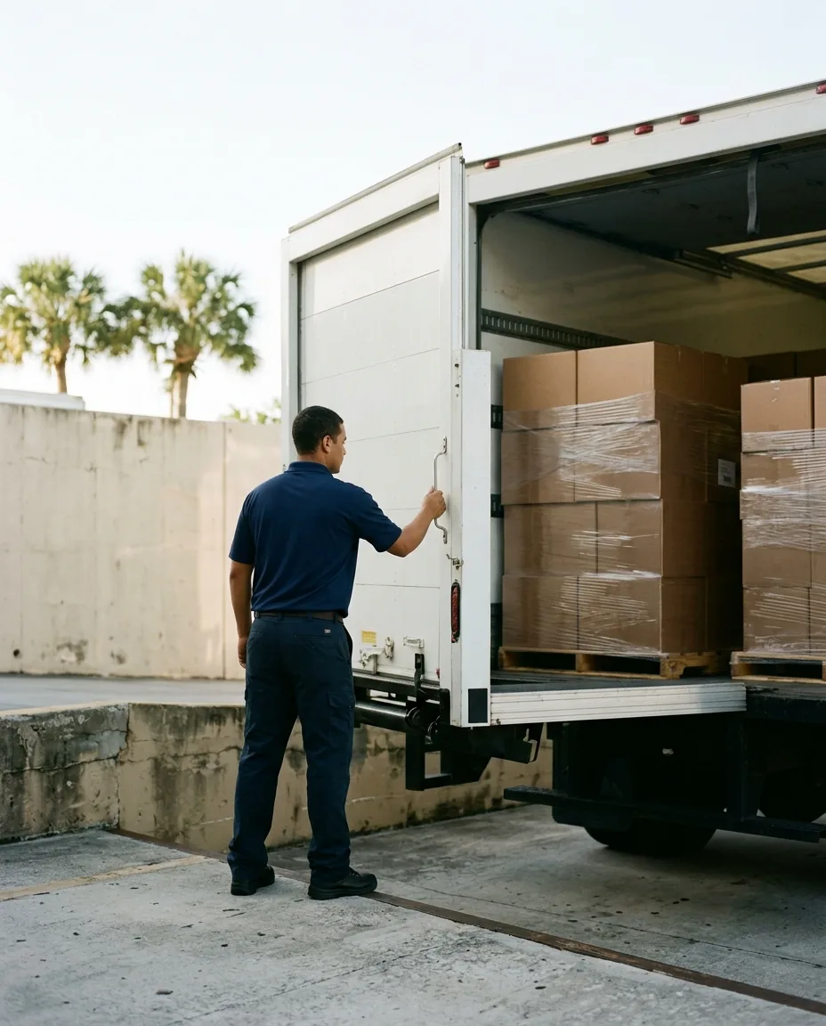 A plain white box truck heading north on a Florida interstate at clean morning light.
