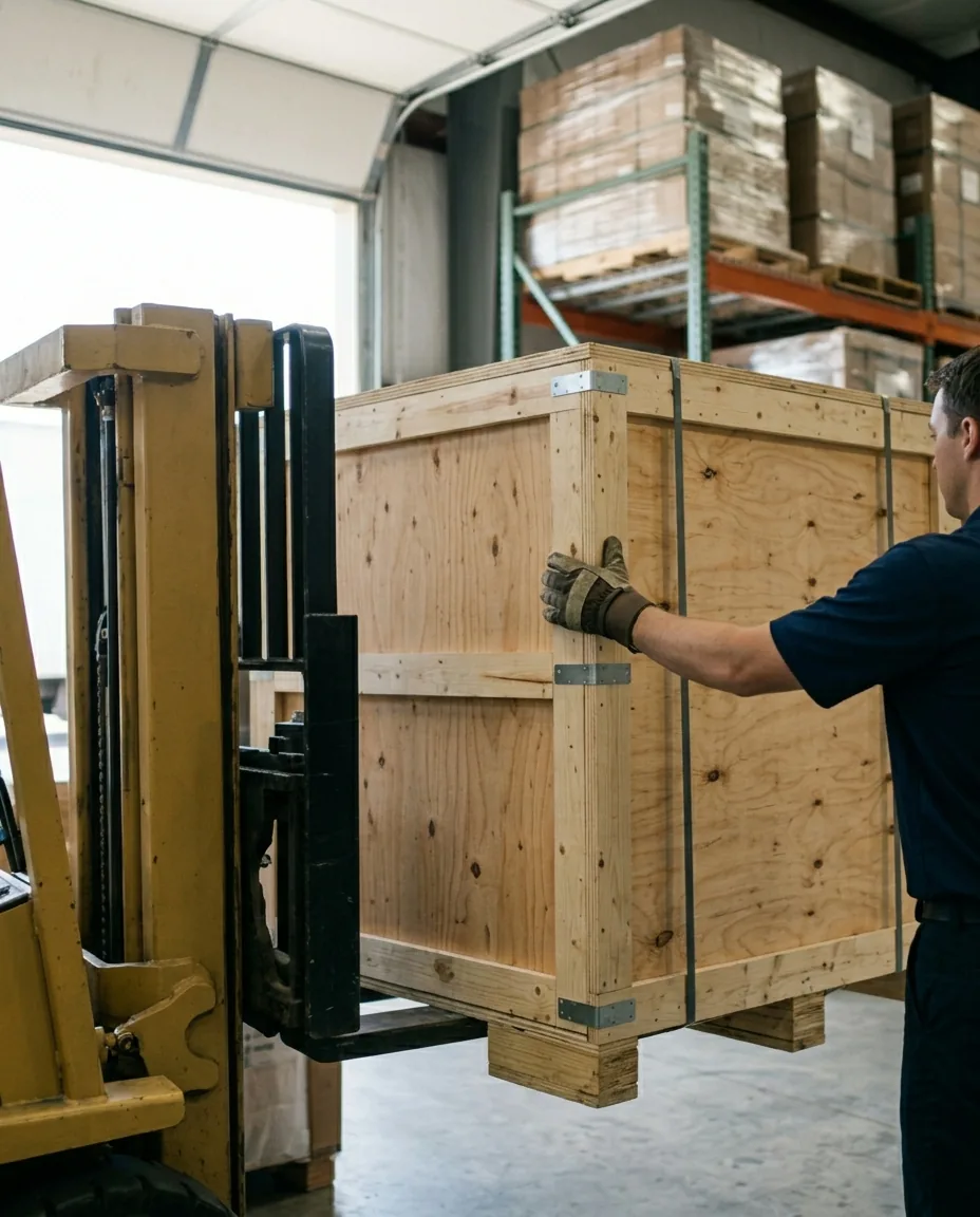 A large unmarked wooden shipping crate being moved by a pallet jack inside a warehouse.