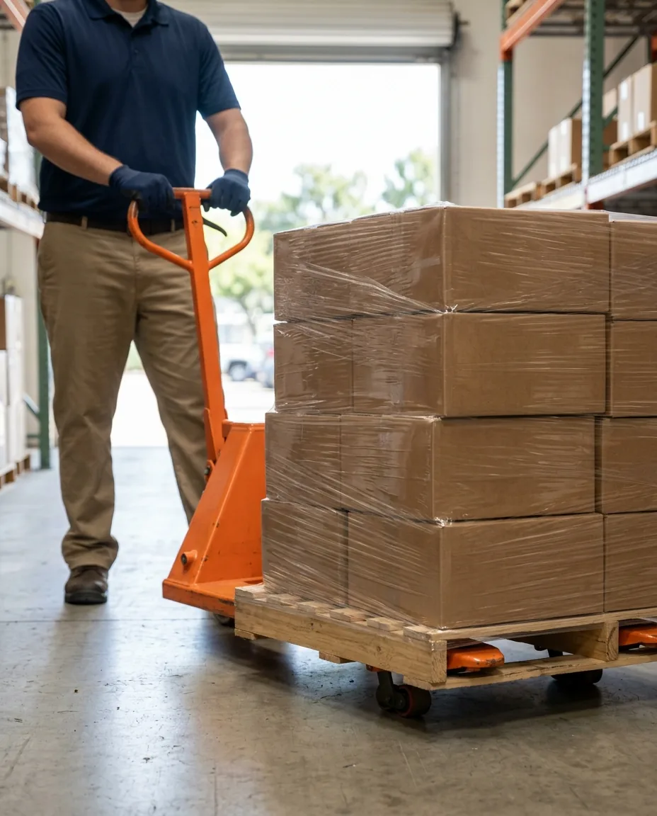 A pallet jack moving a shrink-wrapped pallet at a warehouse loading dock.