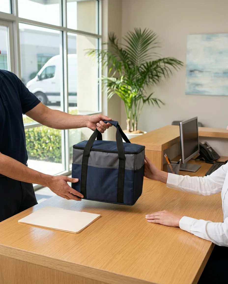 A courier delivering an insulated tote at a clean modern professional-office front desk.