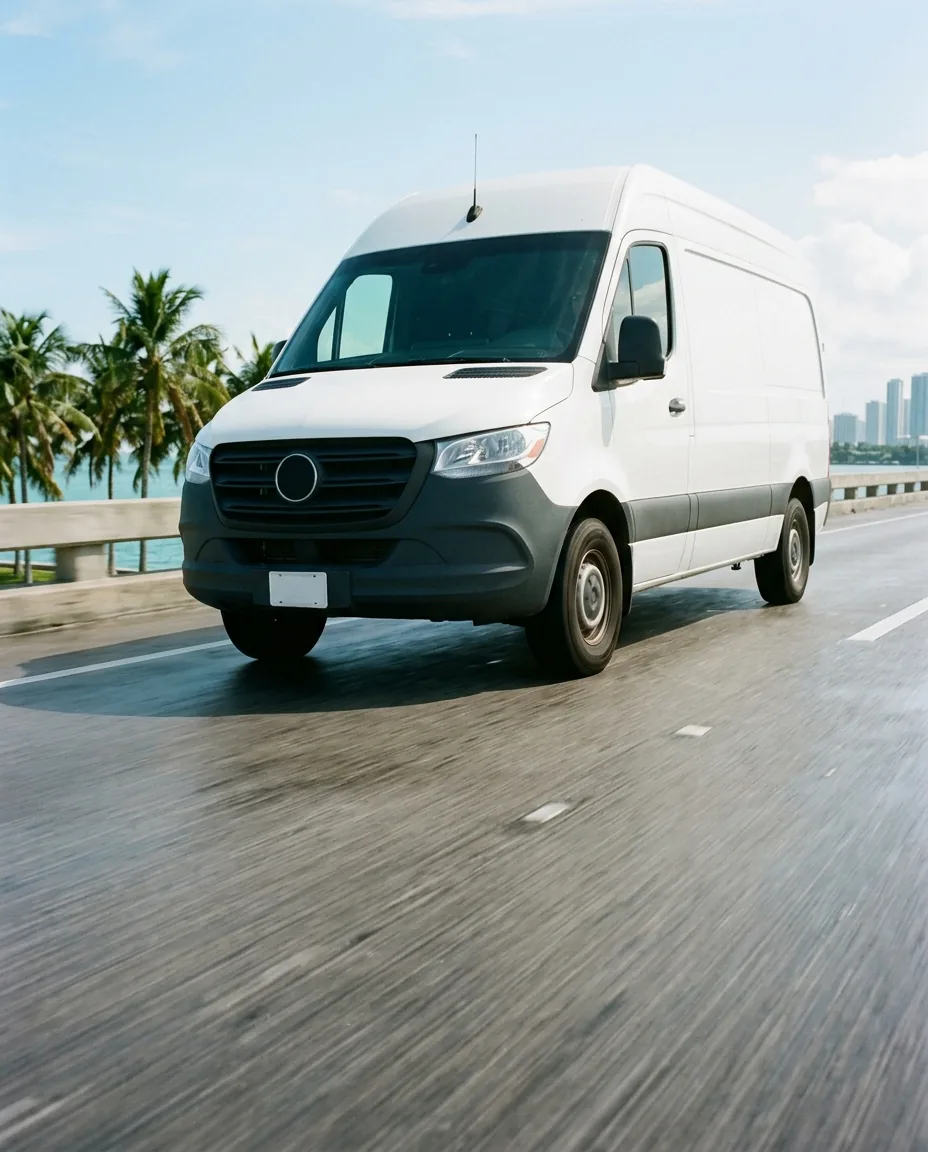 A plain white delivery van crossing a Miami causeway on a rush same-day run.