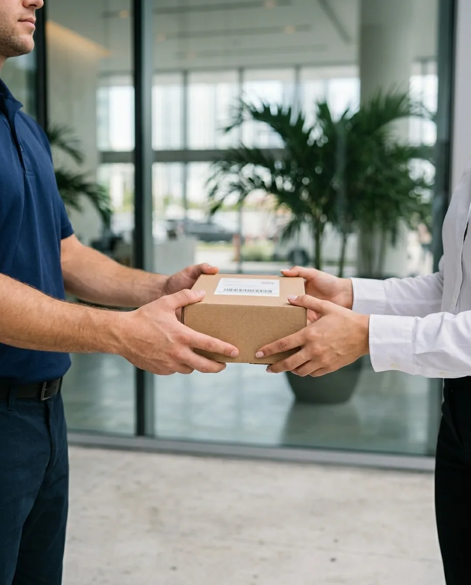 A JM Express courier completing a same-day handoff at a Miami office lobby.