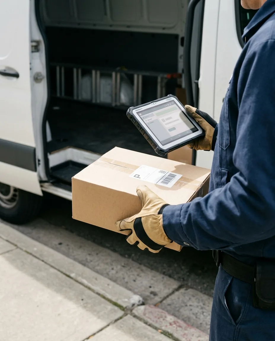 A plain white delivery van pulled up to a mid-rise office building at a scheduled time.