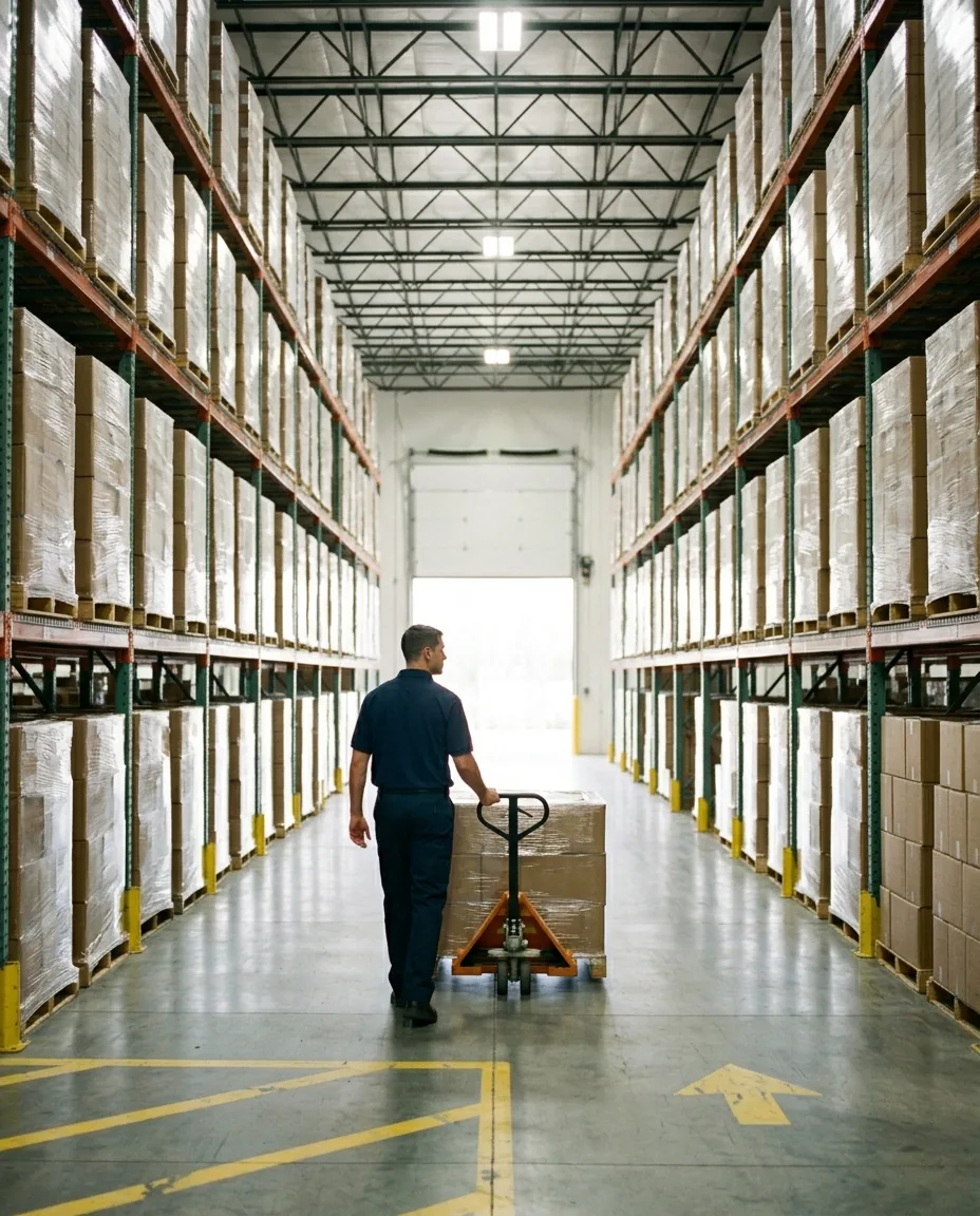 A plain white box truck at a distribution-center loading bay with pallets mid-transfer.